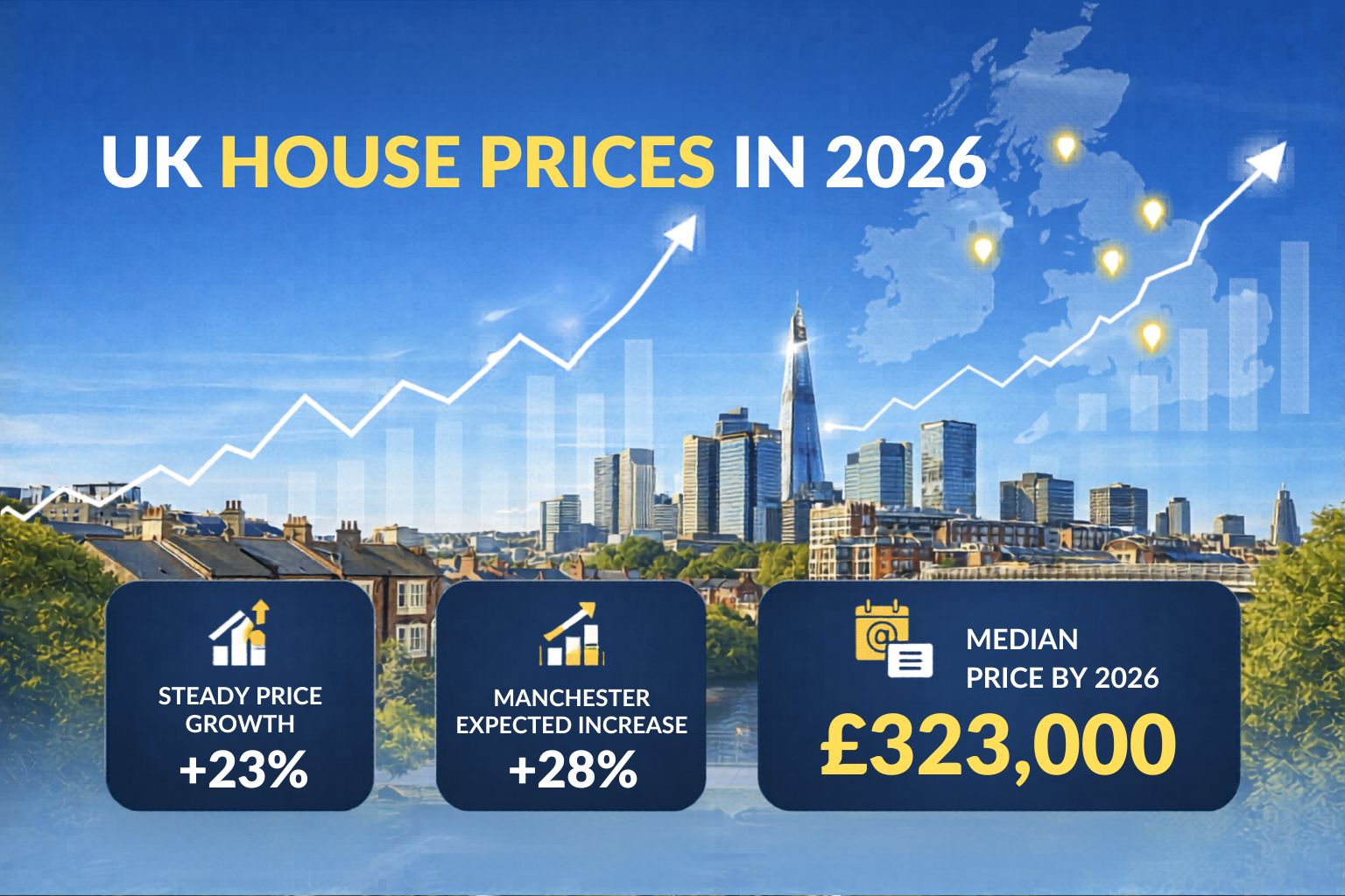 chart showing UK house prices by region in 2026 with Pin92 Group branding